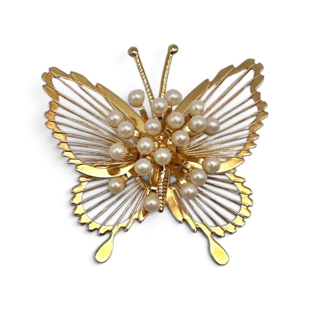 Vintage Butterfly Brooch Gold Tone Openwork Faux Pearl Dimensional Costume Pin